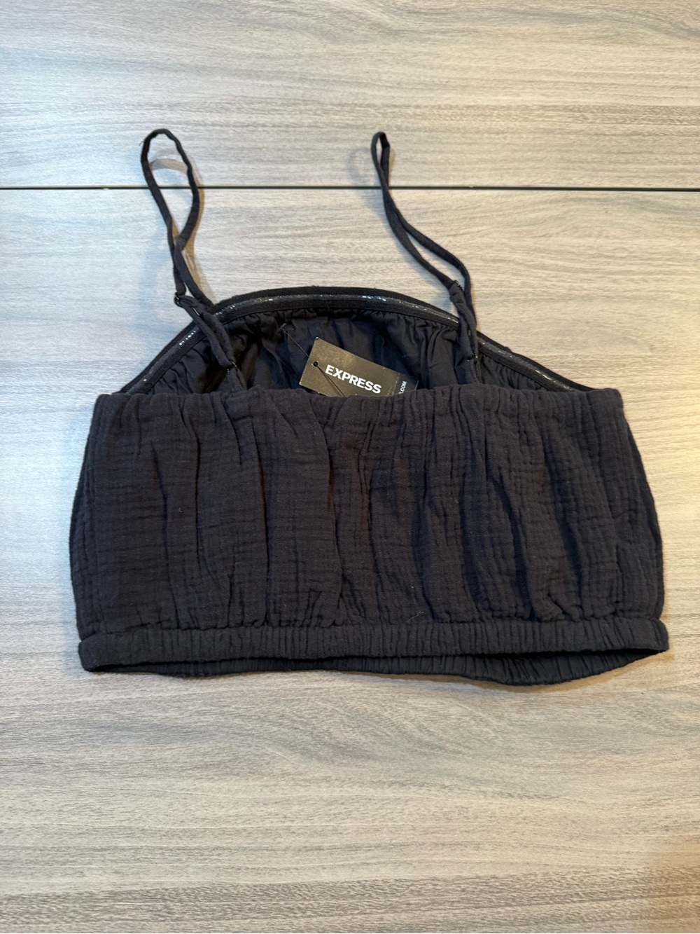 Express Black Cropped Ruched Spaghetti Strap Top - Picture 2 of 6